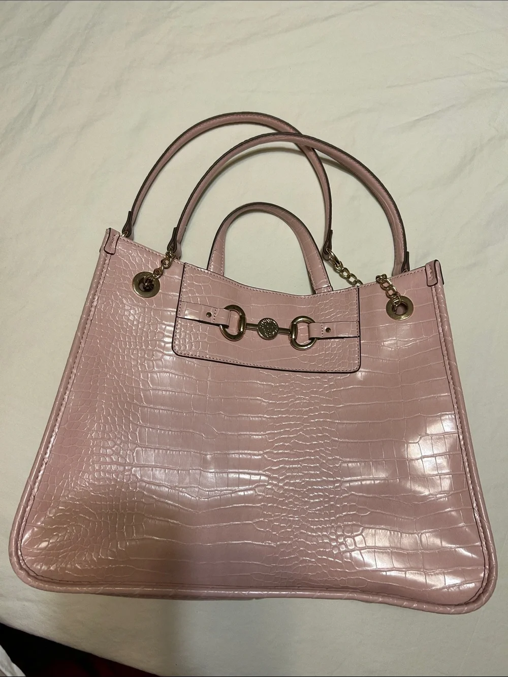 Anne Klein Blush Pink Croc-Embossed Satchel with Gold Hardware